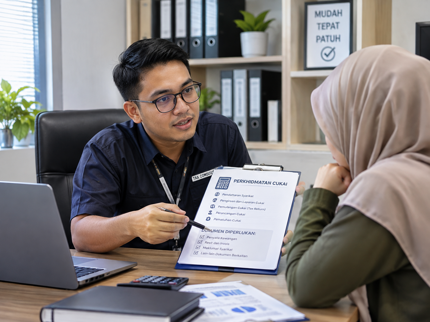 Perunding cukai menerangkan dokumen kepada pemilik bisnes di meja pejabat.